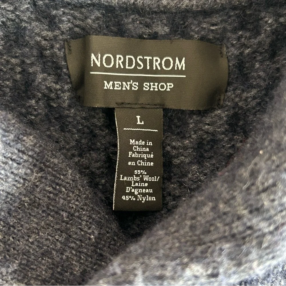 Nordstrom Lambswool Wool Fisherman Sweater Men L Blue Knit Shawl Collar